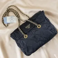 PRADA ショルダーバッグ キルティング チェーン 紺 ギャランティーC有