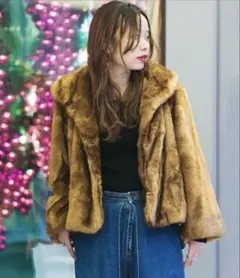 フェイクファーコート ブラウン ショート丈 khaju