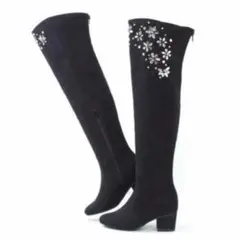 RANDA ビジュー付きフェイクスエード ニーハイブーツ M23.5 黒ブラック