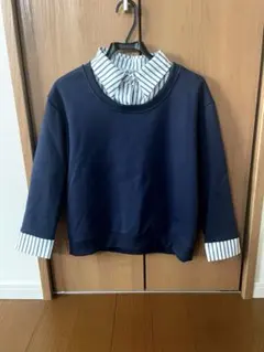 レイヤードニットシャツブラウス レディース トップス 長袖 襟付き ストライプ