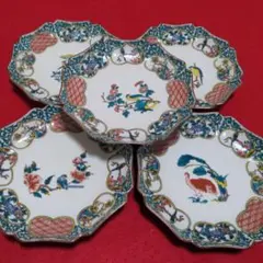 九谷焼　秋月造　絵変り　窓絵花鳥図　中皿揃　5枚セット　輪花皿　色絵　和皿　唐草