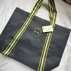アニヤハインドマーチ】カーキ x スカイブルー ストライプ エコバッグ