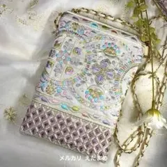 スマホショルダー スマホポシェット サコッシュ インド刺繍リボン 春色ラベンダー