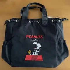 【新品】スヌーピー ナイロン刺繍巾着バッグ ブラック 黒 トートバッグ