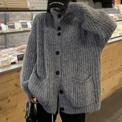 mejane スタンドカラー オーバーサイズ カーディガン ニット グレー