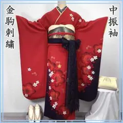 603z33〇中振袖 桜 金駒刺繍 シンプル系 赤 黒〇美品 成人式 結婚式