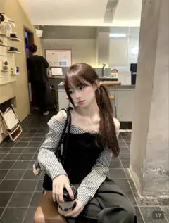 オフショルダー チェック柄 長袖トップス