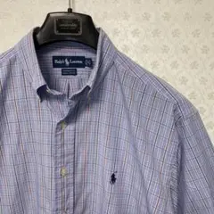 ラルフローレン　メンズ　長袖ボタンダウンシャツ　　水色チェック　L相当