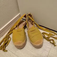 【美品】黄色 麻風 夏用サンダル バレエリボン結び 23cm 毛糸 厚底