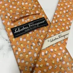 Ferragamo フェラガモ ネクタイ オレンジ 総柄 猫のデザイン