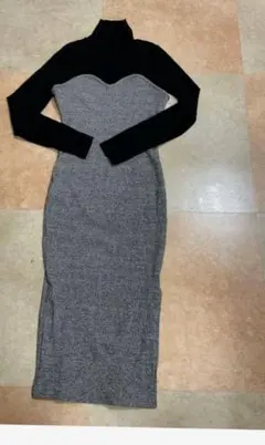 タートルネック ニットワンピース グレー・ブラック S