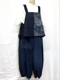 古布リメイク　藍染め　雪ん子絣　ベストとバルーンパンツのセット　（360）