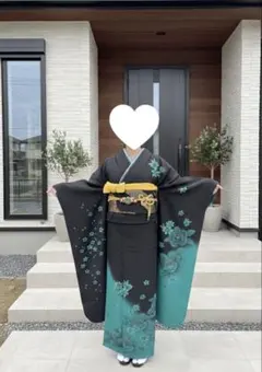 振袖フルセット 黒地×グリーンぼかし 正絹振袖 上品モダン 成人式 金彩 椿