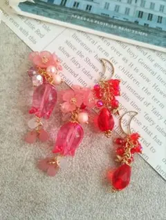 332★2ペア4個オリジナルチャーム、コネクター手染めフラワー、月、ビーズ