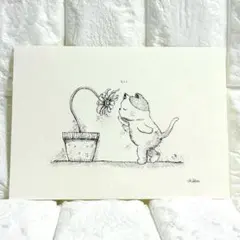 いい匂いだな　猫の絵　原画　手描きイラスト　アナログイラスト　ペン画