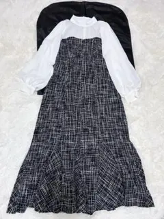 ミッシュマッシュ　ツイード切り替えマーメイドワンピース　ブラック　長袖