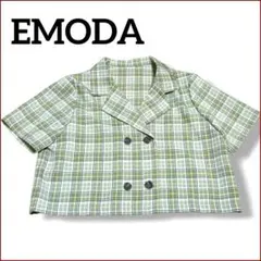 EMODA チェック 半袖 シャツ F ジャケット ショート丈 緑 夏 春 韓国