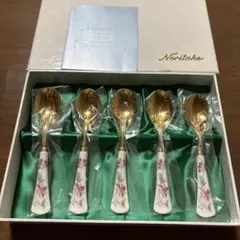 新品未使用 ノリタケ 金メッキティースプーン 花更紗　5本 箱入り