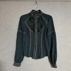 Ozz Angeloスタンドカラーフリルブラウス/ダークグリーン オッズオン美品のサムネイル