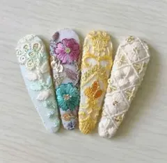 インド刺繍リボンの花柄ヘアピン パッチン4個セット アソート
