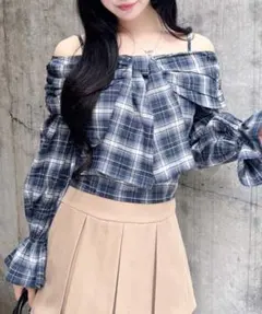 INGNI リボンオフショルチェック柄ブラウス