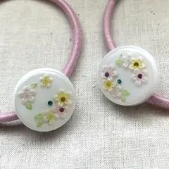 花柄ヘアゴムセット　ハンドメイド　レジン　ピンク　白