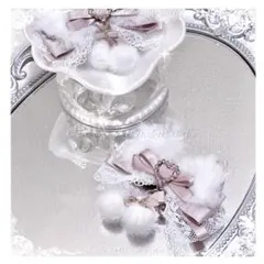 ふわふわ♡グレーピンクハートシルクリボンヘアピン（2個セット）Pink