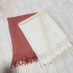 大判フリンジ付きストール サーモンピンク オフホワイト　2枚