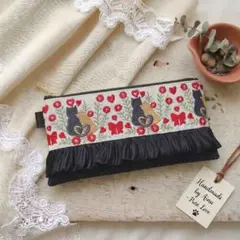 猫 cat インド刺繍×ヌビ フラットポーチ ハンドメイド A866