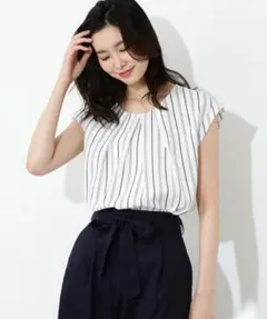 NATURAL BEAUTY BASIC リネンライクストライプブラウス　S