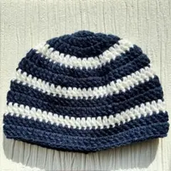 ビーニー　ニット帽　ネイビー×ホワイト　ハンドメイド