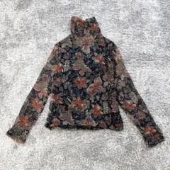 ☆シアーカットソー【M〜L】紺 花柄 ハイネック 部分的に透け感あり ストレッチ