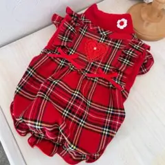 ハンドメイド♡犬服 タータンチェックの重ね着風バルーンワンピース