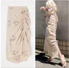 M_ エムアンダーバーベージュ ドレープ刺繍タイトスカート