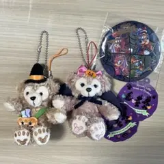 ダッフィー　シェリーメイ　ぬいぐるみキーホルダー、ハロウィン缶バッチ
