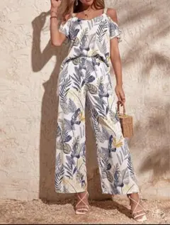 VCAY 植物プリント コールドショルダートップス ワイドレッグパンツ