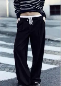 超美品❣️WIDE-LEGパンツ ダブルウエストバンド イージー ブラック 黒 