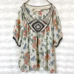 セポ ボタニカル 花柄レース刺繍 シフォンチュニック マルチカラー M ゆったりのサムネイル