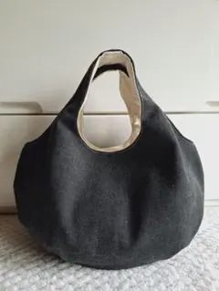 11号ビンテージ帆布ブラック　ころりん丸底グラニーバッグ　ハンドメイド