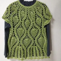 アップルグリーンコットン かぎ針編み パイナップル模様 ベスト半袖