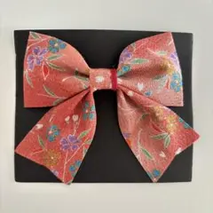 和柄 ちりめん風 リボンバレッタ 花柄 サーモンピンク 未使用