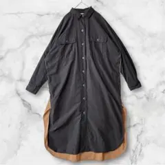 ZARA /長袖シャツロングワンピース ブラック×ブラウン スリット入り M〜L