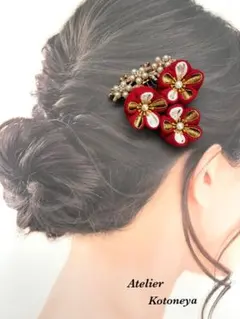 つまみ細工髪飾り3点+コームセット (成人式、卒業式、結婚式 、着物、袴、浴衣)