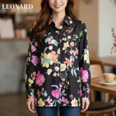 【極美品】レオナール シルク100% 金ボタン 花柄 長袖シャツ ブラック Lのサムネイル