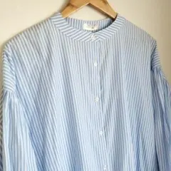 【Ｌ〜LLサイズ 水色と白のストライプ長袖ワンピース】