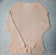 リブ編み Vネック 長袖ニットセーター　ベージュ　ハニーズ