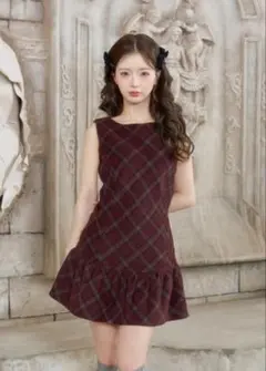 darich タータンチェックノースリミニワンピース　ボルドー