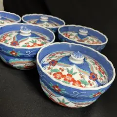 美品　有田焼　手描き　蓋つき煮物椀 　5客セット　雑煮碗　煮物碗　輪花　丼　色絵