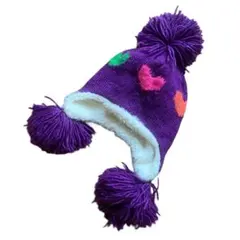 gap　ギャップ　レディース　ニット帽　耳当て　ハート柄　ボンボン　ポップ　紫色