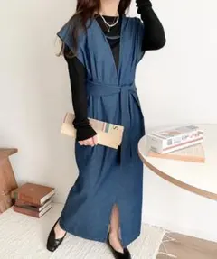 大人のこなれデニム。2WAY ベルト付 Vネックジャンパースカート